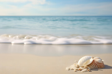 Fototapeta na wymiar A peaceful beach scene with gentle waves and seashells