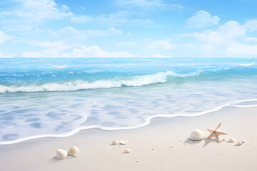 Fototapeta na wymiar A peaceful beach scene with gentle waves and seashells