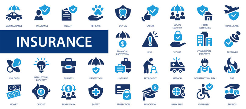 Insurance icons set. Vehicle, health insurance, beneficiary, repair, coffin, glasses and more. Flat icons collection.