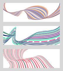 Wavy lines or ribbons. Set of 3 backgrounds. Multicolored striped gradient. Creative unusual background with abstract gradient wave lines to create a trendy banner, poster. vector eps