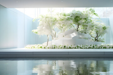 A tranquil garden with a fountain or flowing water