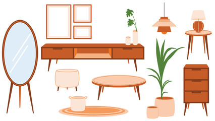 cute elements of scandinavian minimalist living room vector illustration set