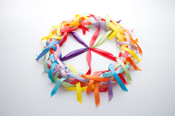 Top view of a peace symbol formed with a collection of ribbon