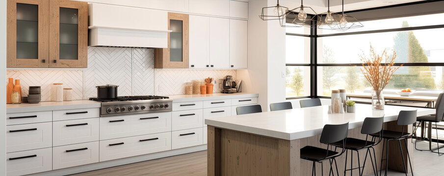 Spacious modern kitchen interior in white with wood trim and kitchen island, Generative AI