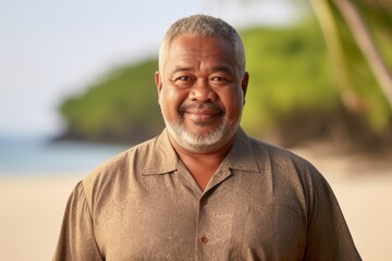 Medium shot portrait of a Indonesian man in his 60s in a beach background wearing a simple tunic