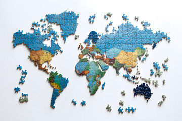  Top view of a world map made of puzzle pieces