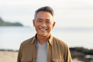 Group portrait of a Indonesian man in his 60s in a beach background wearing a chic cardigan