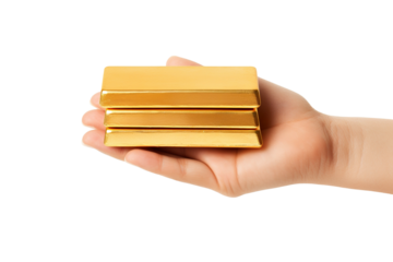 Hand-holding gold bars isolated on white background PNG