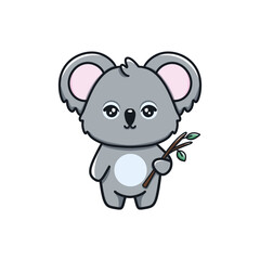 A cute gray koala holding a sprig of eucalyptus and smiling 