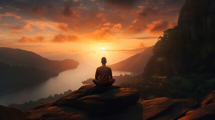yoga and meditation over looking the ocean at sunset - obrazy, fototapety, plakaty