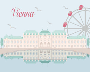 Vienna, Austria. Wien cityscape with Belvedere palace and famous Ferris wheel at the Prater amusement park. Travel and tourism concept. Hand drawn, vector eps.
