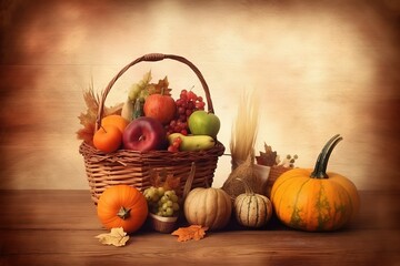 Happy Thanksgiving. Thanksgiving pumpkins and Autumn leaves. Thanksgiving Food Party. Thanksgiving Concept.Thanksgiving Background. Thanksgiving Theme. Generative Ai