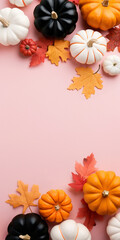 Fototapeta premium Autumn Elegance: Captivating Pumpkin and Leaf Flat Lay for Thanksgiving and Halloween