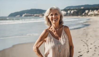 Fototapeta na wymiar Smiling senior woman posing at beach looking at camera, retirement and vacation