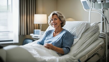 Happy mature woman receiving good news for treatment in hospital bed