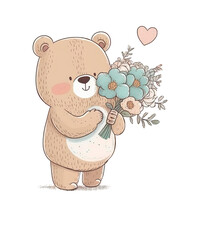 Cartoon Bear With Flowers Un Heart