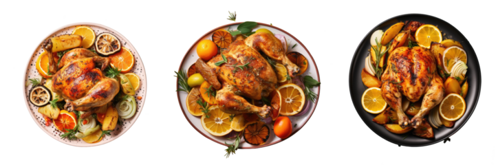 Top view of roasted chicken oranges and vegetables on a transparent background