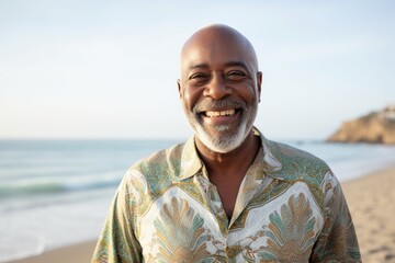 Lifestyle portrait of a Nigerian man in his 60s in a beach background wearing a chic cardigan