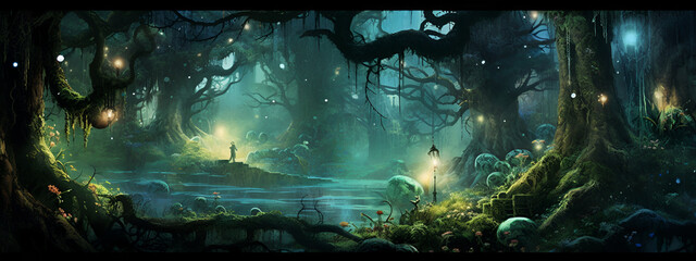 Magic dark fairy tale forest at night with glowing lights and magic mushrooms. Fantasy wonderland landscape with mushrooms. Illustration. Banner. Generative AI