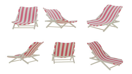Beach lounger in red and white stripes. View from different sides. 3D visualization. Illustration without a background.