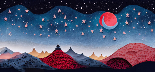 illustrazione di paesaggio collinare notturno con cielo stellato, luna e pianeta rosso