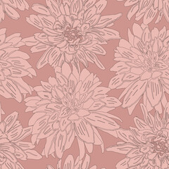 Seamless pattern with graphic hand-drawn flowers. Vector pink modern outline illustration.
