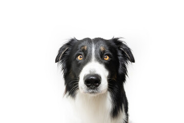Portrait serious border collie puppy dog looking at camera. Isolated on white background