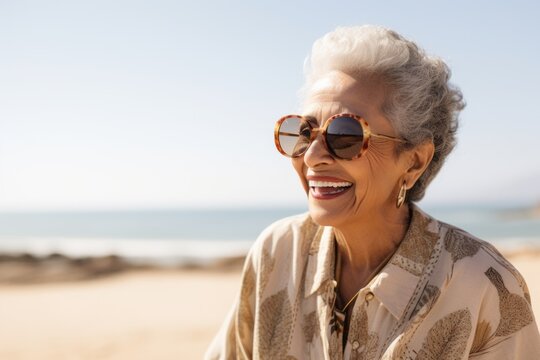 Portrait of smiling senior woman wearing sunglasses on the beach at daytime