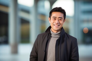 Obraz premium Portrait of a young asian man smiling at the camera outdoors
