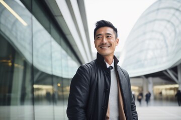 Fototapeta premium Portrait of a handsome young asian man smiling in the city