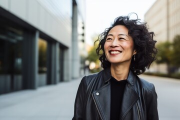 Portrait of a happy asian woman in leather jacket smiling outdoors