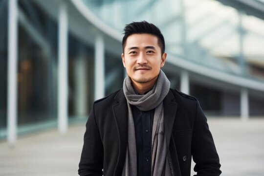 Portrait of a handsome asian man wearing black coat and scarf