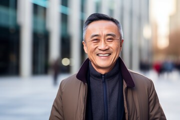Portrait of happy mature Asian man in coat and scarf in the city