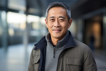 Portrait of mature Asian man smiling at camera in corridor of office building