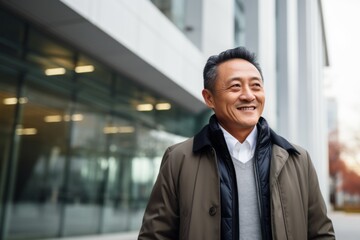 Naklejka premium Portrait of a smiling asian man standing in front of office building