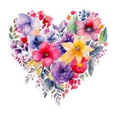 Beautiful watercolor flowers in Shape of Heart, concept of love Isolated on White Background. Digital illustration generative AI.