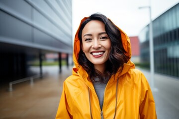 smiling asian woman in yellow raincoat looking at camera outdoors