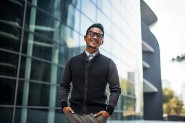 Portrait of a young asian businessman standing with hands in pockets