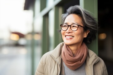 Portrait of smiling asian senior woman wearing eyeglasses outdoors