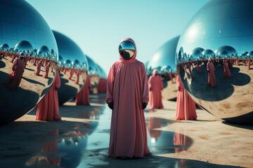 Member of a cult dressed in pink robe is standing among large silver spheres in a desert