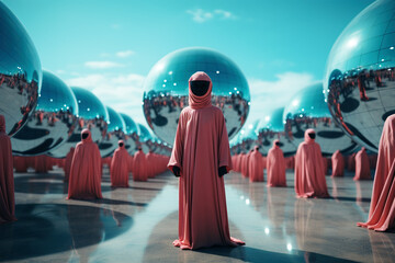Members of a cult dressed in pink robes are standing among large silver spheres.