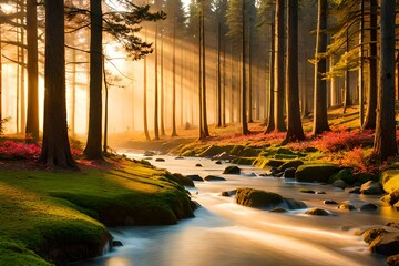 A serene forest glade bathed in the gentle glow  - obrazy, fototapety, plakaty
