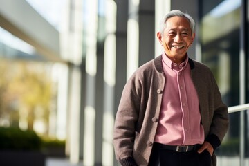 Naklejka premium Portrait of happy senior asian man standing outside office building.