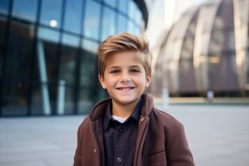 Portrait of a cute little boy smiling in front of the building