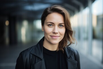 Naklejka premium portrait of smiling businesswoman in black jacket looking at camera in city