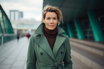 Fototapeta premium Portrait of a beautiful young woman with short blond hair in a green coat in the city