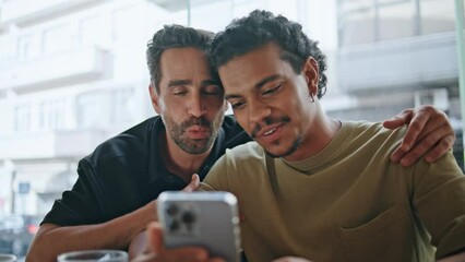 Couple gays greeting video call by smartphone in cafe close up. Online meeting - Powered by Adobe