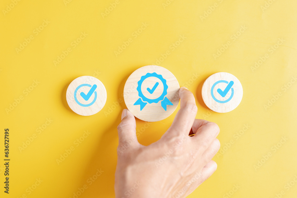 Aufkleber Quality Certificate and Checklist analyst target marketing planning assignment with quality management. Standardization, certification. Compliance to regulations service and standards.