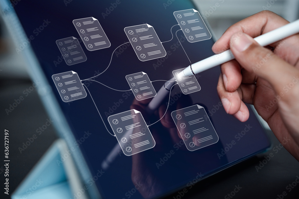 Poster Online Inspector Document Node Planning and digital form checklist by laptop computer, Document Management Checking System, online documentation database and process manage file on networking big data
