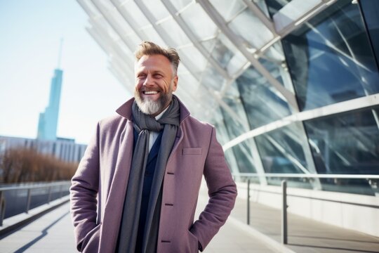 Portrait of smiling mature businessman in coat and scarf standing with arms akimbo outdoors